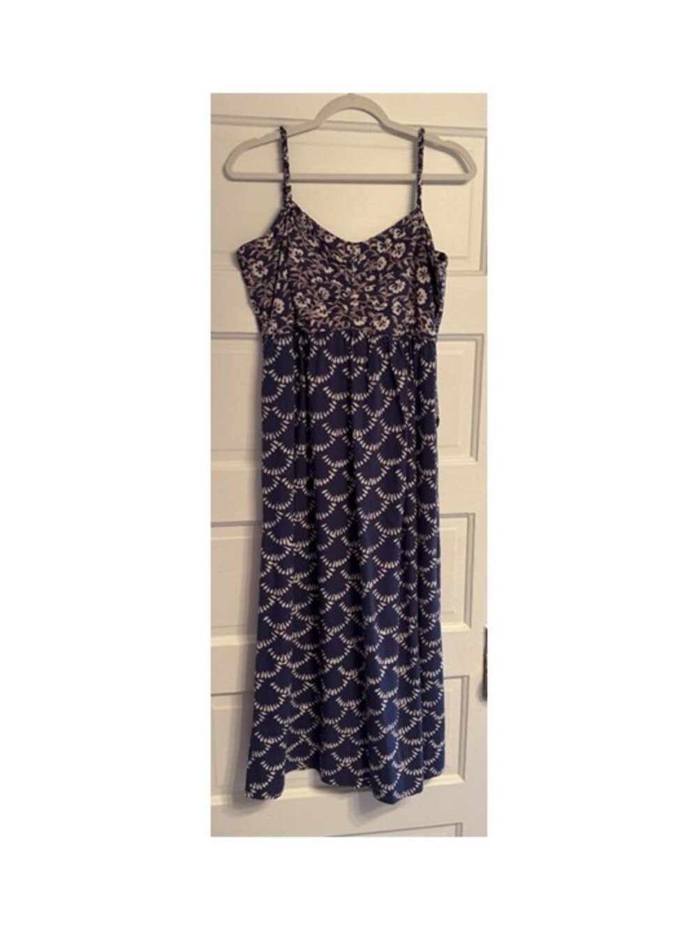 Mirth. Deep Blue, Gray, and White Spaghetti Strap, Tie-Back Dress. Size L.